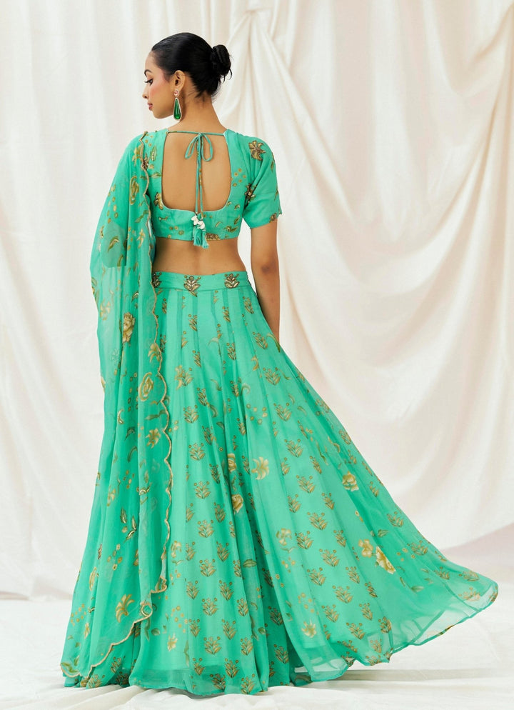 Turquoise Blue Printed Georgette Lehenga Set Redpine - Fabilicious Fashion