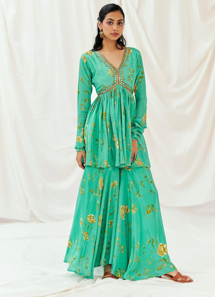 Turquoise Blue Printed Peplum Kurta Sharara Set Redpine - Fabilicious Fashion
