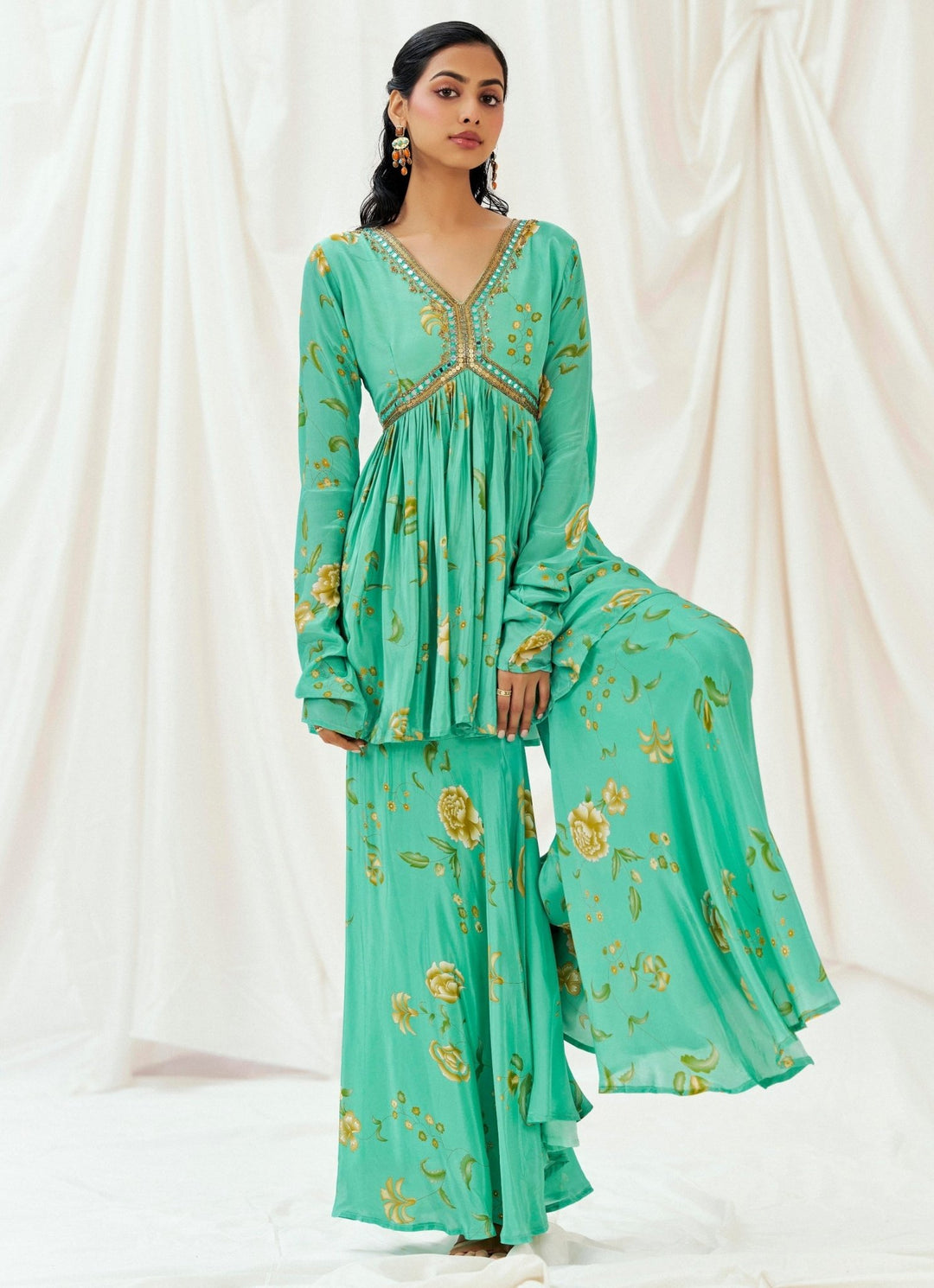 Turquoise Blue Printed Peplum Kurta Sharara Set Redpine - Fabilicious Fashion