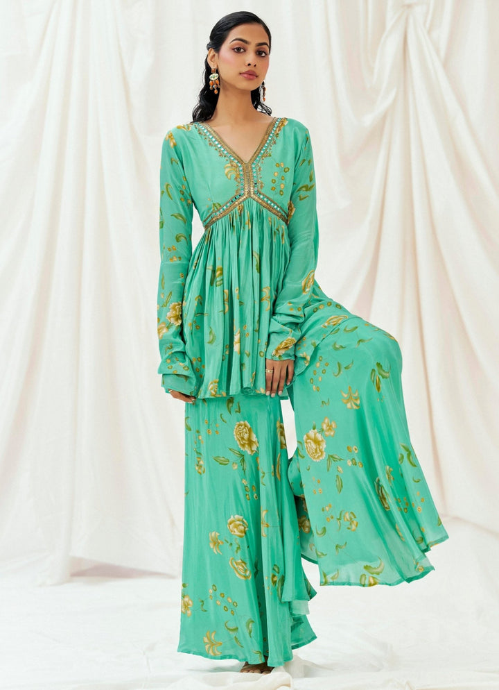 Turquoise Blue Printed Peplum Kurta Sharara Set Redpine - Fabilicious Fashion