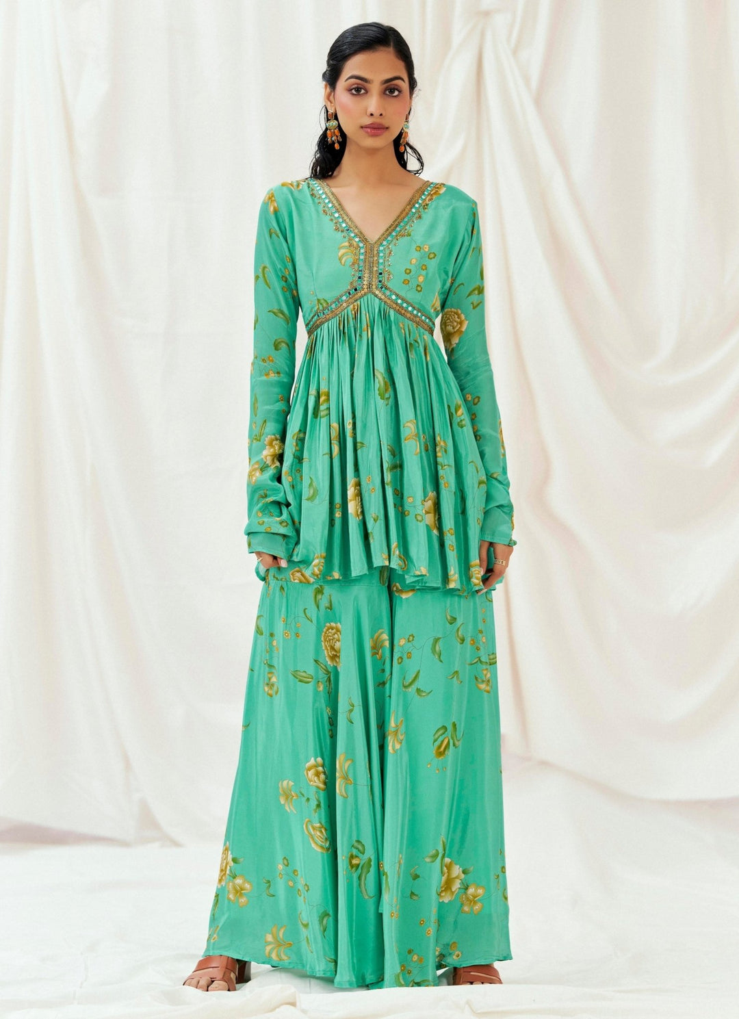 Turquoise Blue Printed Peplum Kurta Sharara Set Redpine - Fabilicious Fashion