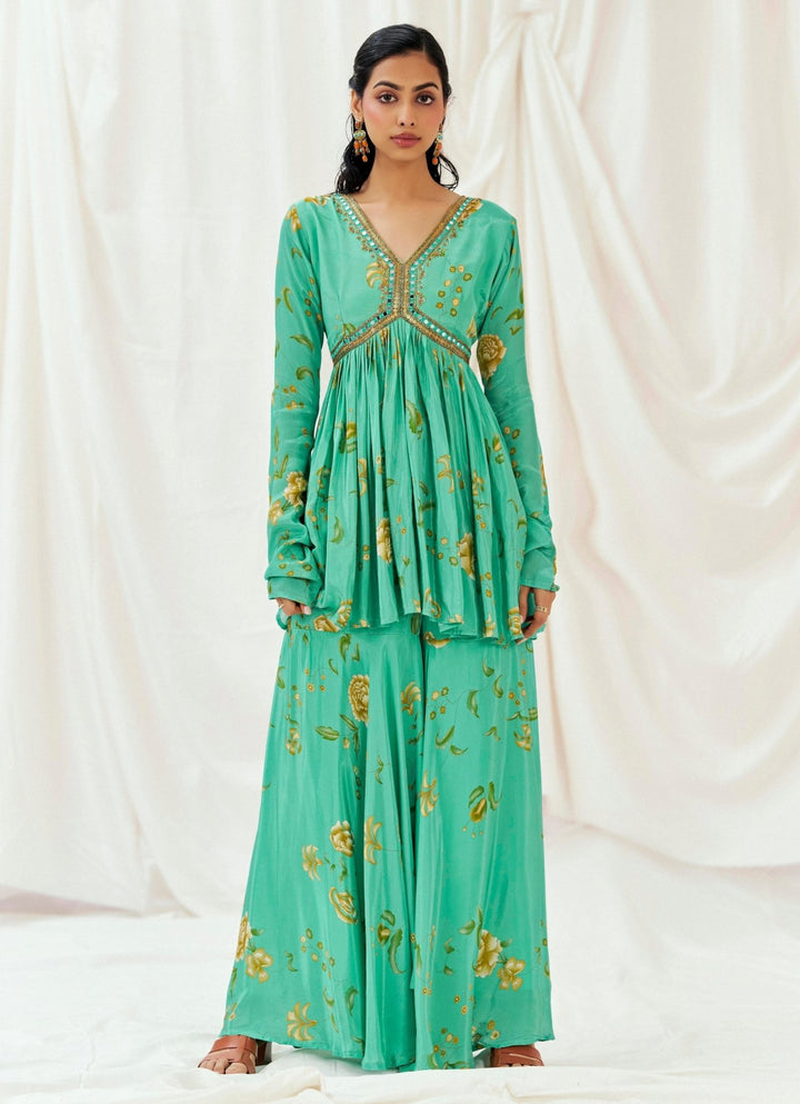 Turquoise Blue Printed Peplum Kurta Sharara Set Redpine - Fabilicious Fashion