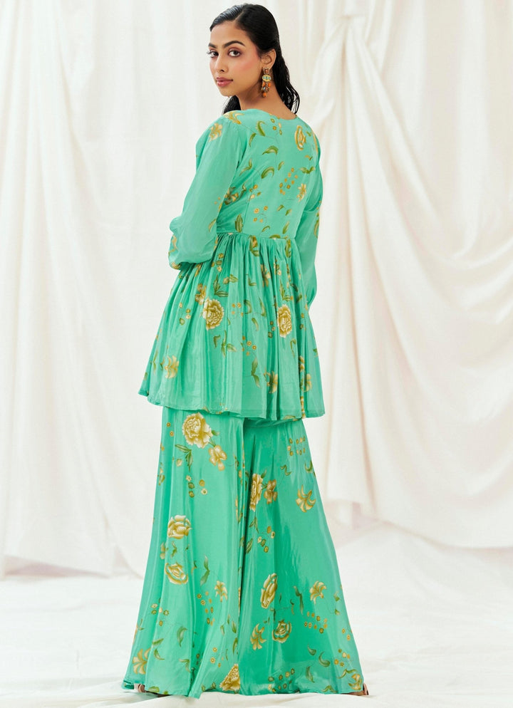 Turquoise Blue Printed Peplum Kurta Sharara Set Redpine - Fabilicious Fashion