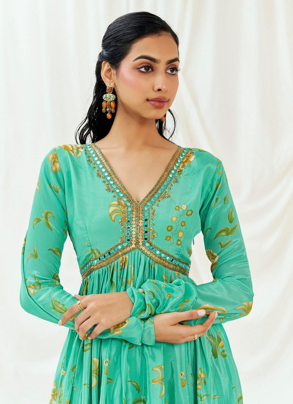 Turquoise Blue Printed Peplum Kurta Sharara Set Redpine - Fabilicious Fashion