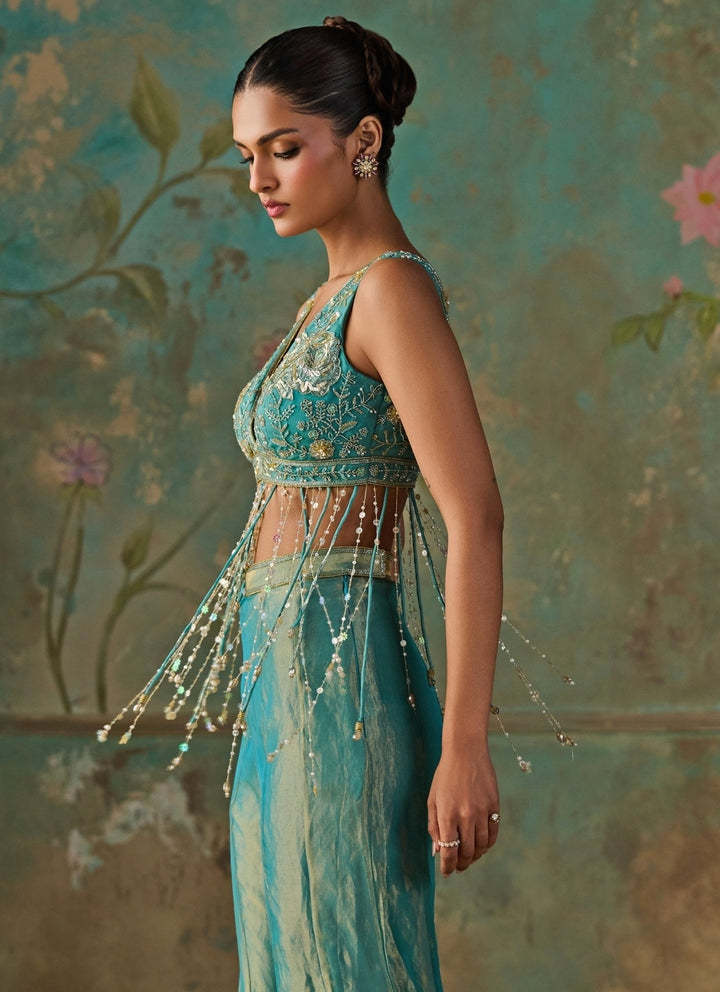 Zoon Tribe Turquoise Blue Silk Tissue Blouse Sharara SetFabilicious Fashion
