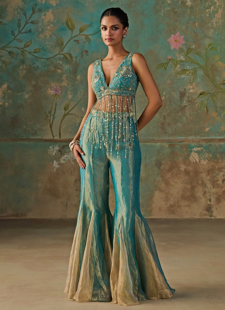 Zoon Tribe Turquoise Blue Silk Tissue Blouse Sharara SetFabilicious Fashion