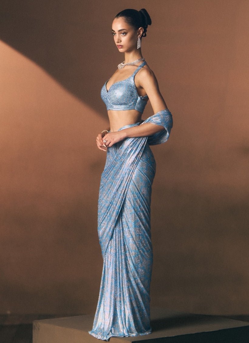 Angad Singh Turquoise Blue Soft Net Pre-Draped SareeFabilicious Fashion
