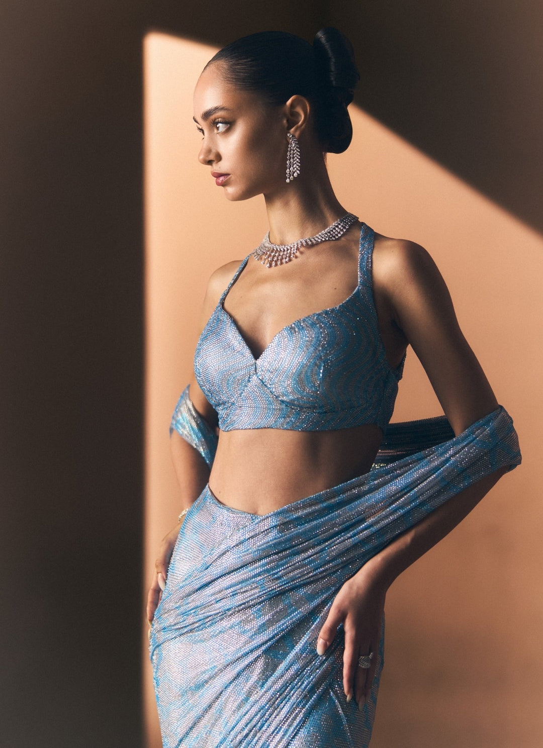 Angad Singh Turquoise Blue Soft Net Pre-Draped SareeFabilicious Fashion