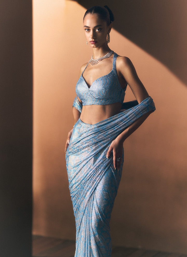 Angad Singh Turquoise Blue Soft Net Pre-Draped SareeFabilicious Fashion