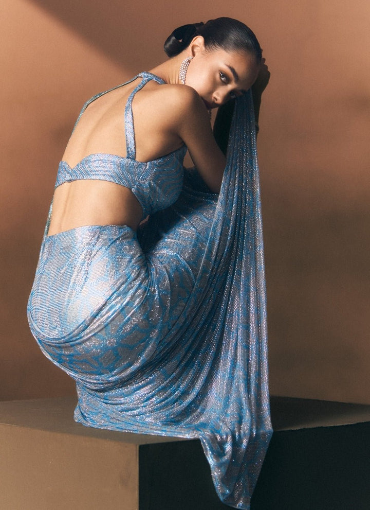 Angad Singh Turquoise Blue Soft Net Pre-Draped SareeFabilicious Fashion
