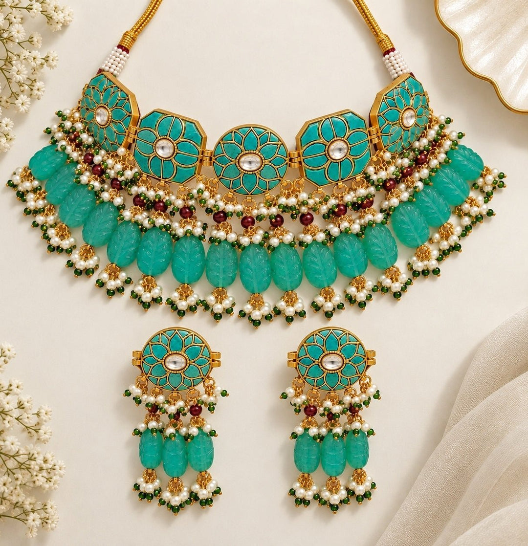 Vivinia By Vidhi Mehra Turquoise Floral Beaded Necklace SetFabilicious Fashion
