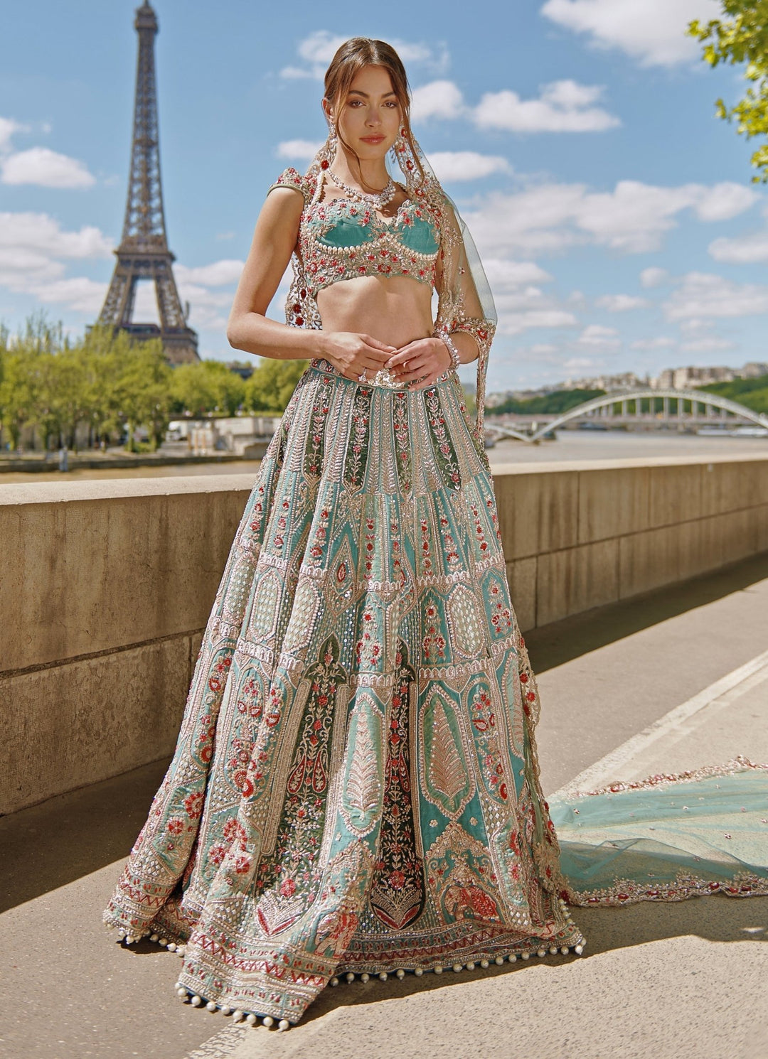 Turquoise Green Embroidered Bridal Silk Lehenga Set Jigar and Nikita - Fabilicious Fashion