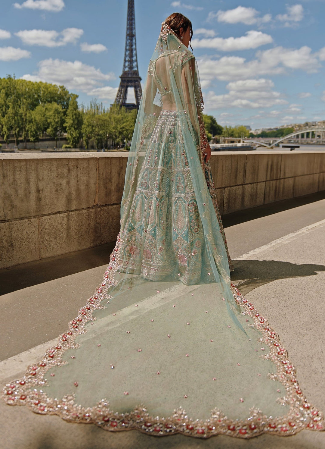 Turquoise Green Embroidered Bridal Silk Lehenga Set Jigar and Nikita - Fabilicious Fashion