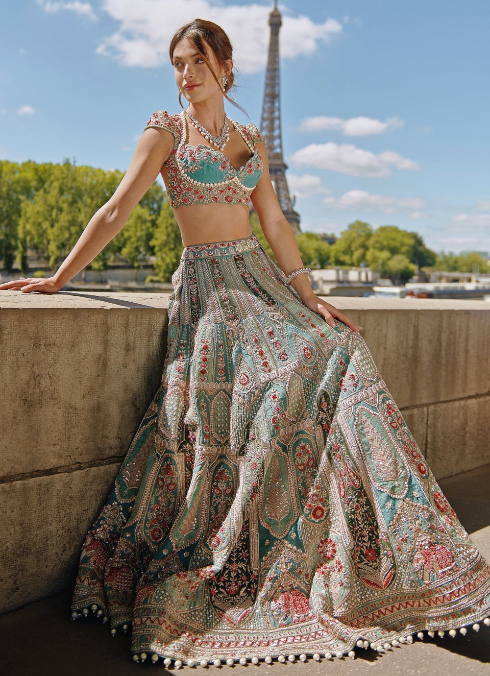 Turquoise Green Embroidered Bridal Silk Lehenga Set Jigar and Nikita - Fabilicious Fashion