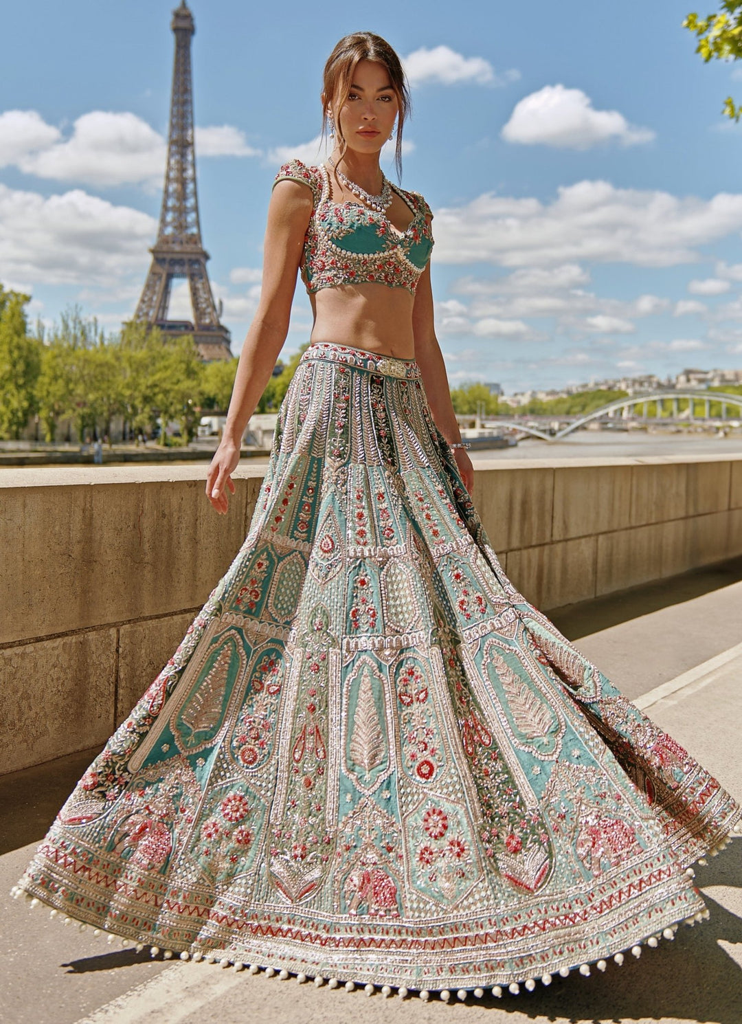 Turquoise Green Embroidered Bridal Silk Lehenga Set Jigar and Nikita - Fabilicious Fashion