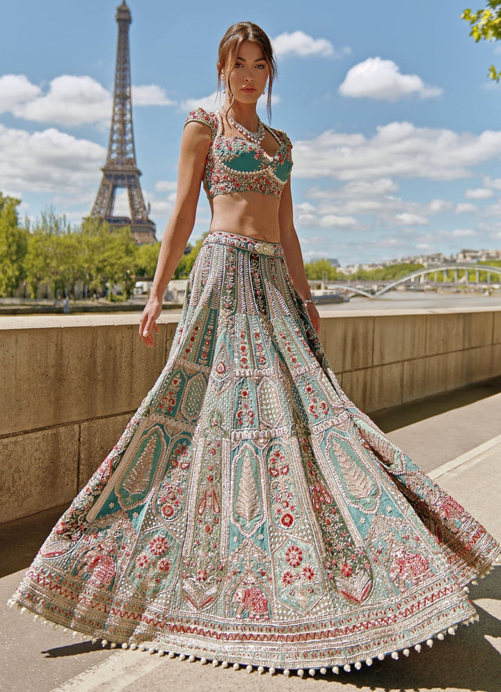 Turquoise Green Embroidered Bridal Silk Lehenga Set Jigar and Nikita - Fabilicious Fashion