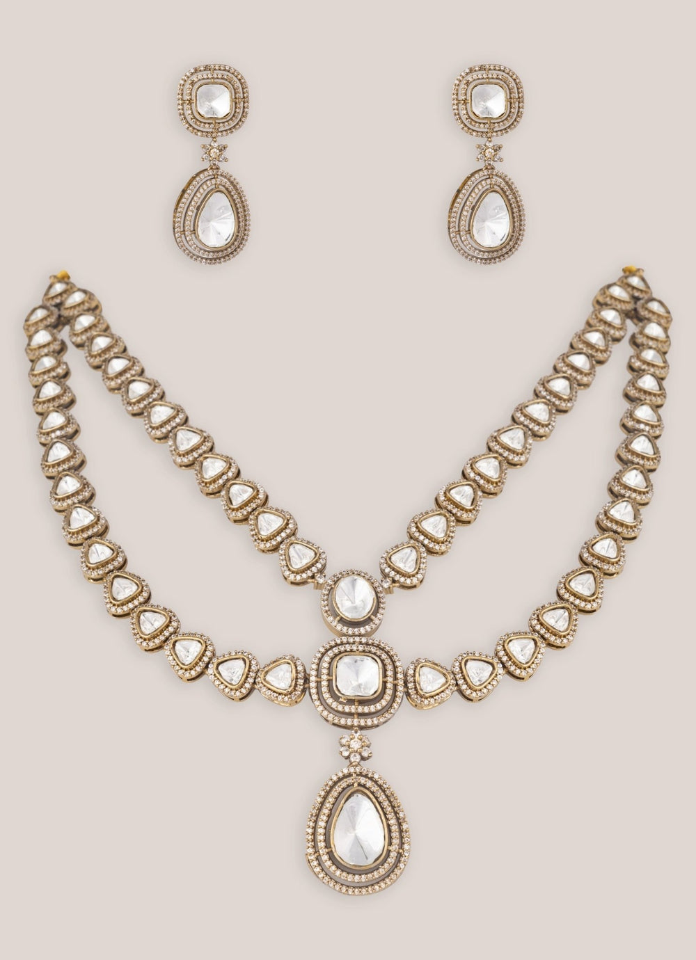 Two Layer Dual Tone Kundan Polki Long Necklace Set Zevar by Geeta - Fabilicious Fashion