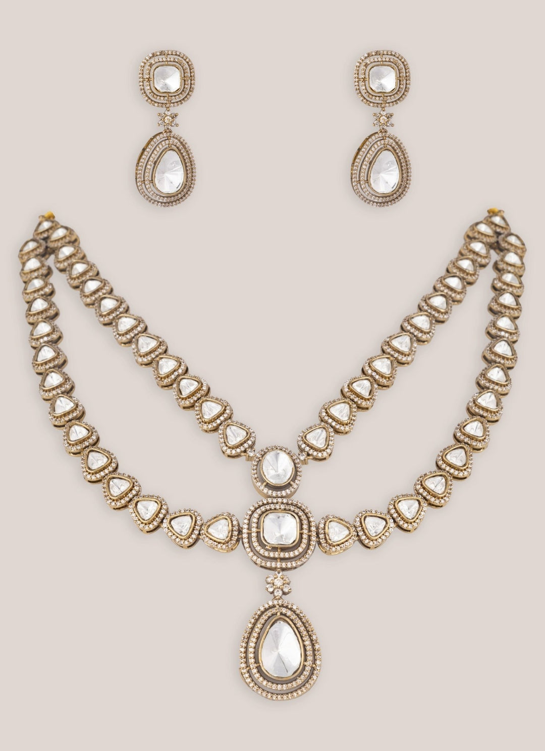 Two Layer Dual Tone Kundan Polki Long Necklace Set Zevar by Geeta - Fabilicious Fashion