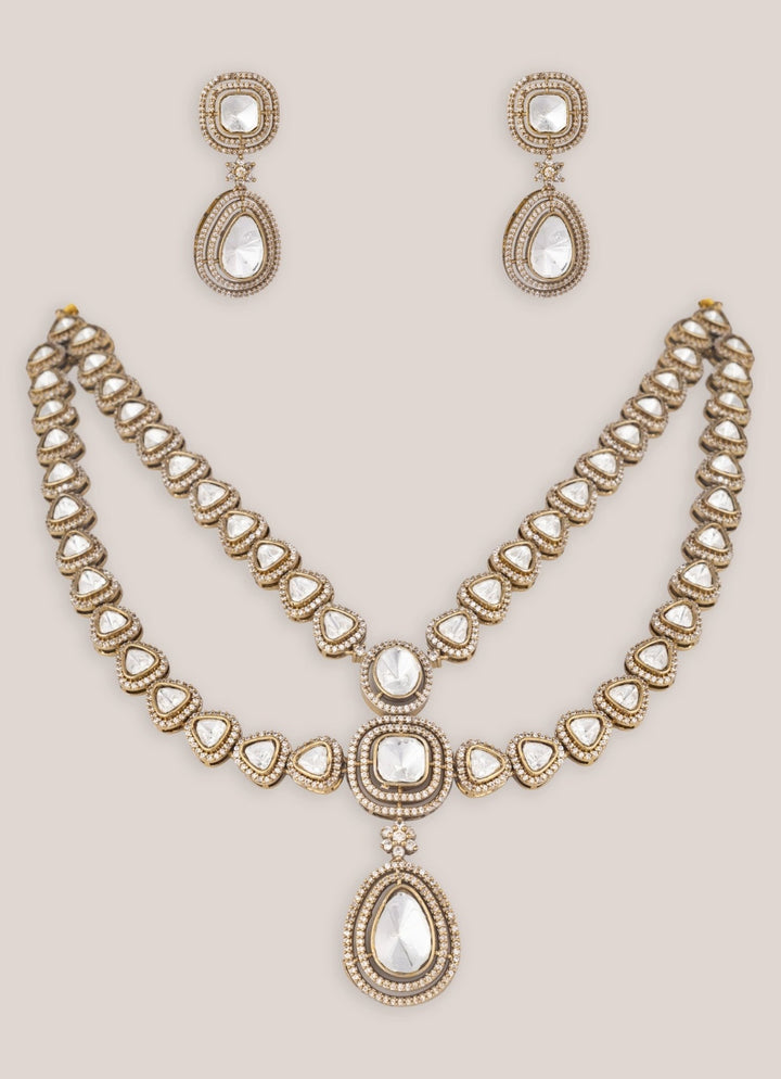 Two Layer Dual Tone Kundan Polki Long Necklace Set Zevar by Geeta - Fabilicious Fashion