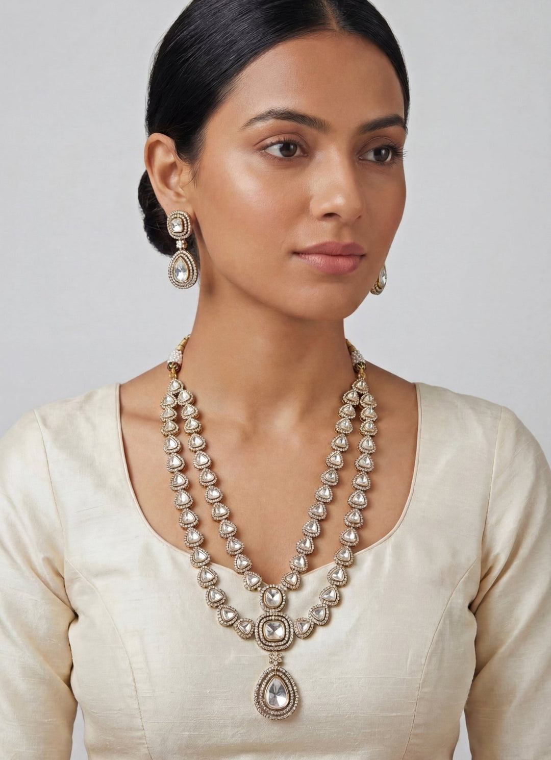 Two Layer Dual Tone Kundan Polki Long Necklace Set Zevar by Geeta - Fabilicious Fashion