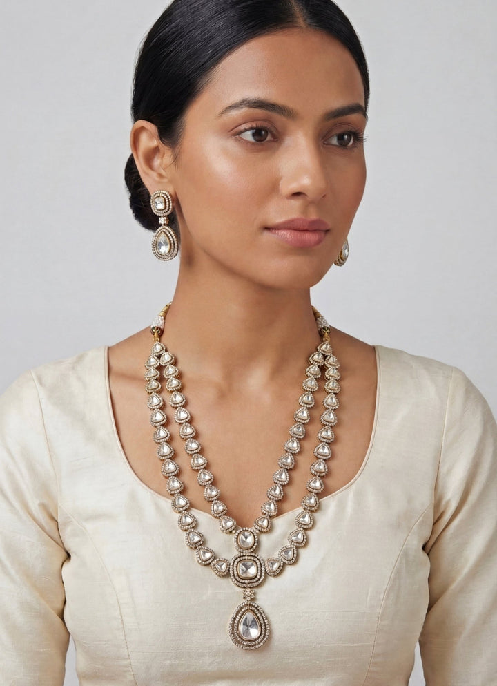 Two Layer Dual Tone Kundan Polki Long Necklace Set Zevar by Geeta - Fabilicious Fashion