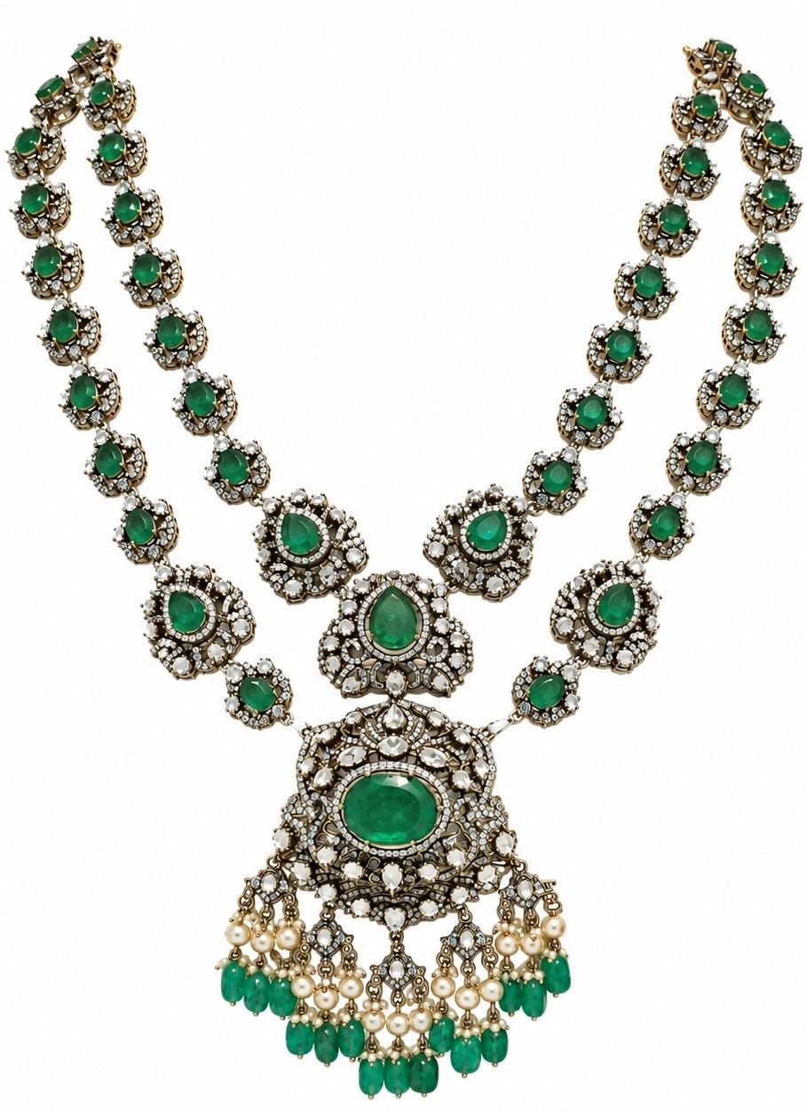 Vivinia By Vidhi Mehra Two Layer Emerald Moissanite Polki Necklace SetFabilicious Fashion