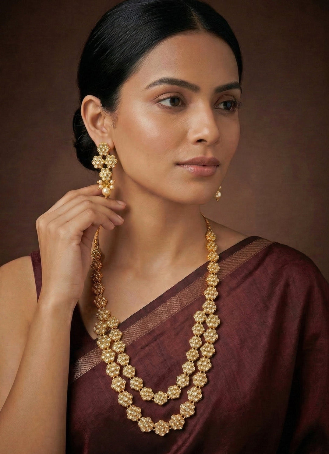 Zevar by Geeta Two Layer Gold Plated Jadau Long Necklace SetFabilicious Fashion