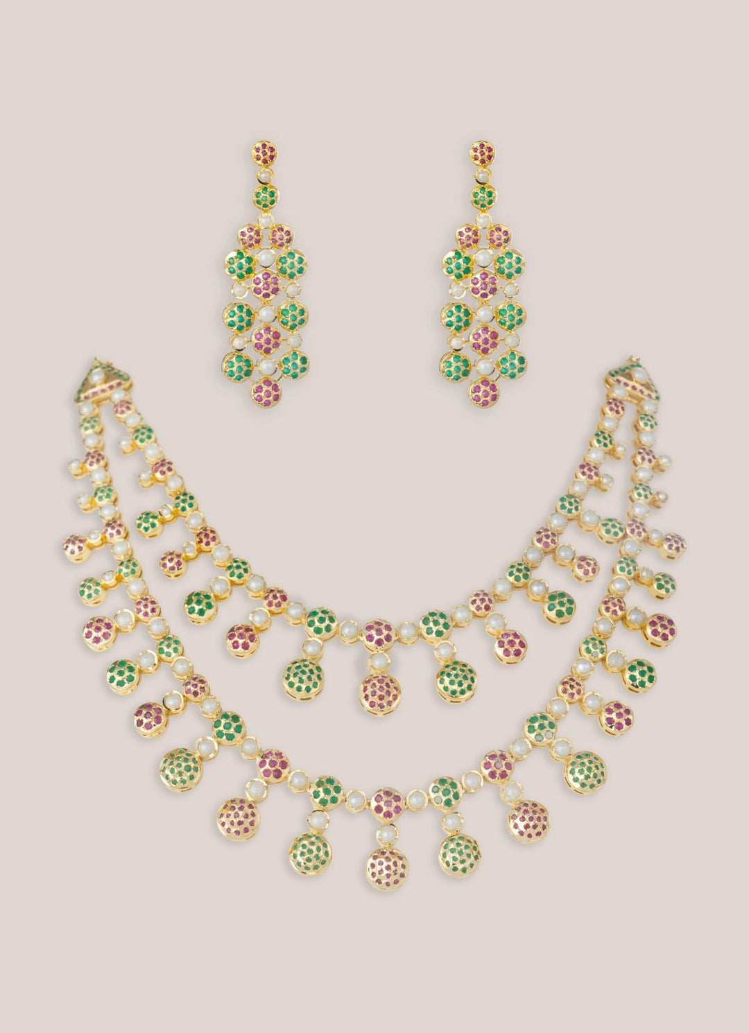 Zevar by Geeta Two Layer Jadau Pastel and Gold Long Necklace SetFabilicious Fashion