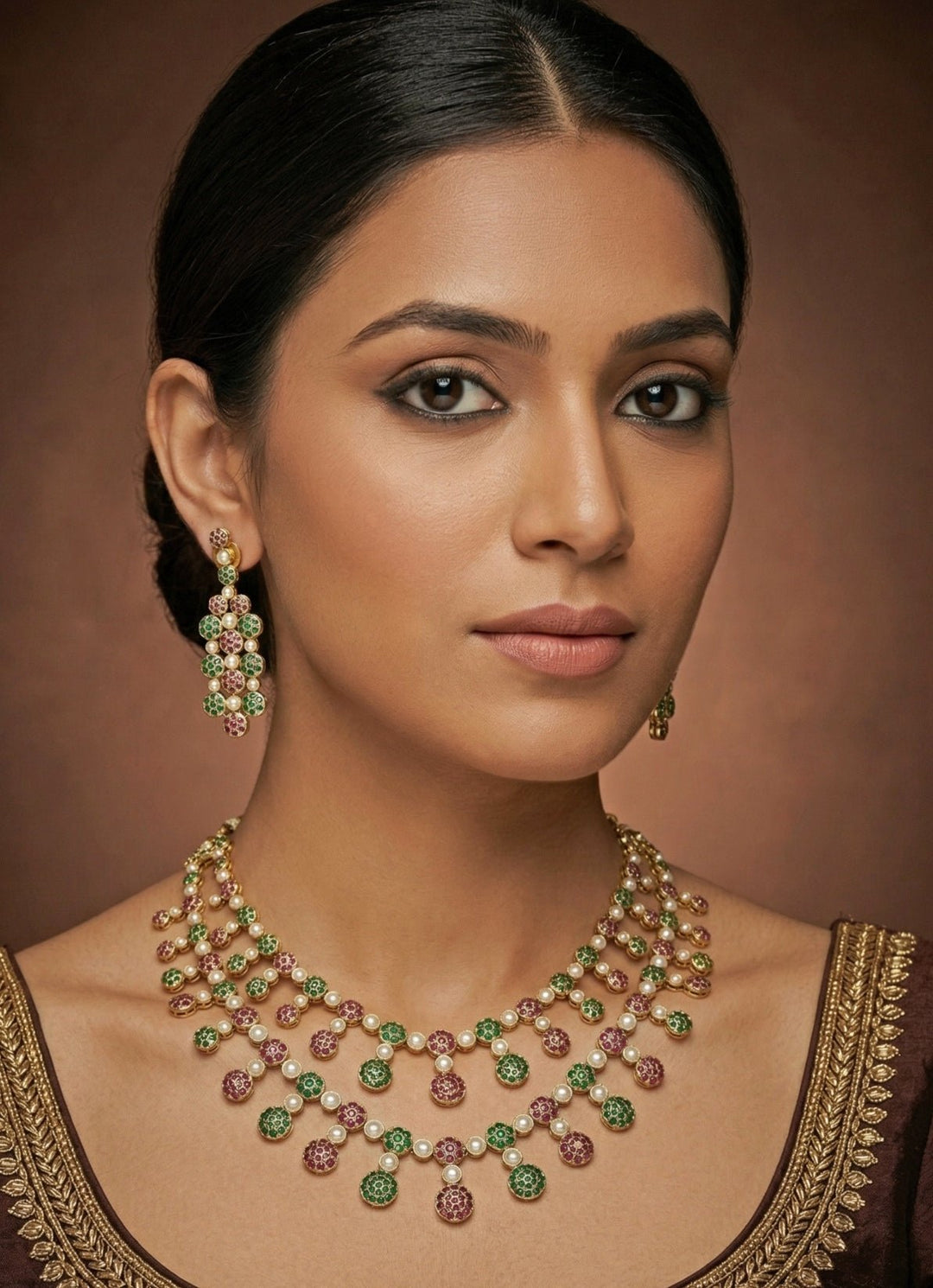Zevar by Geeta Two Layer Jadau Pastel and Gold Long Necklace SetFabilicious Fashion
