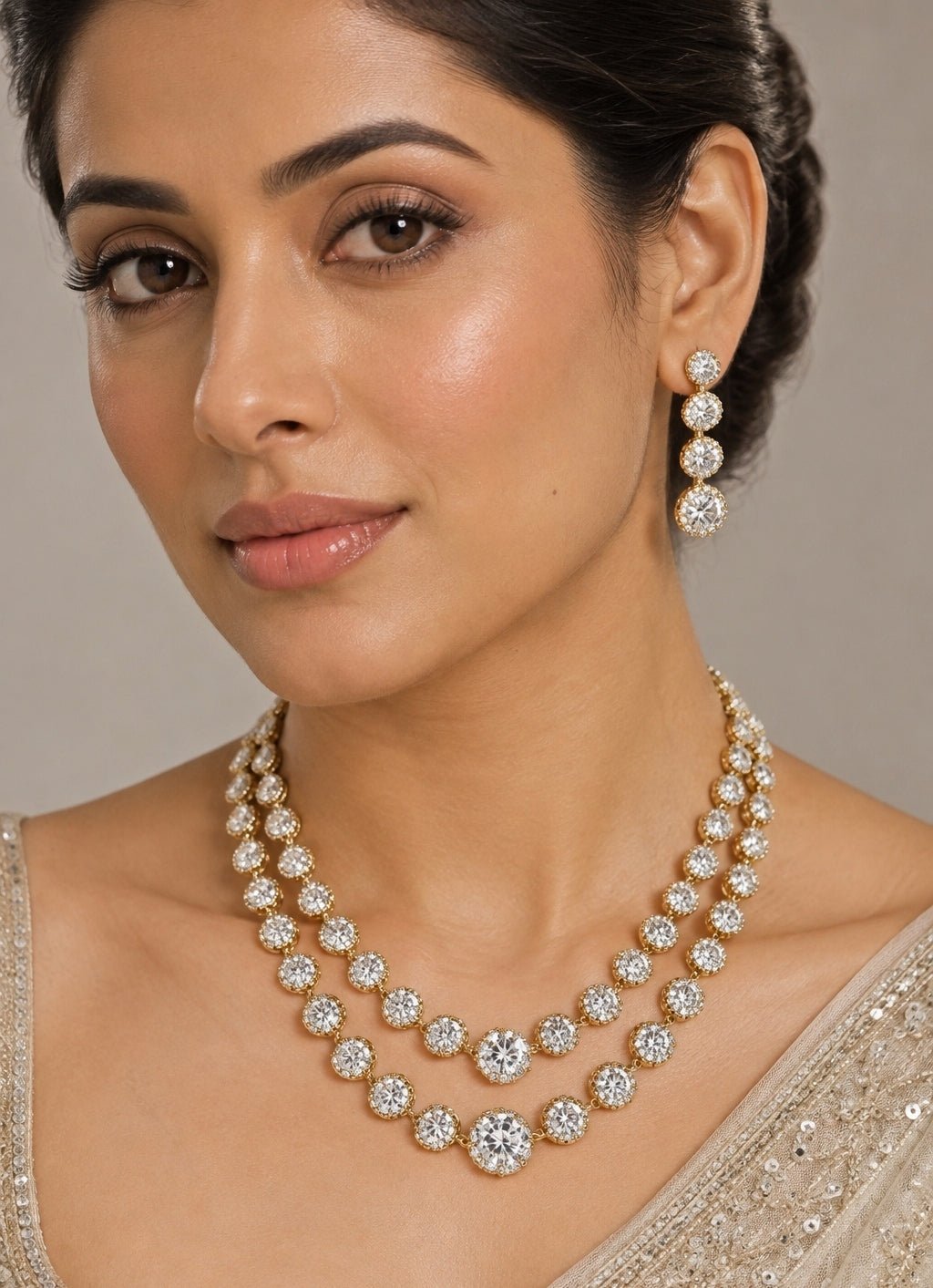 Zevar by Geeta Two Layer Long Diamond Necklace SetFabilicious Fashion