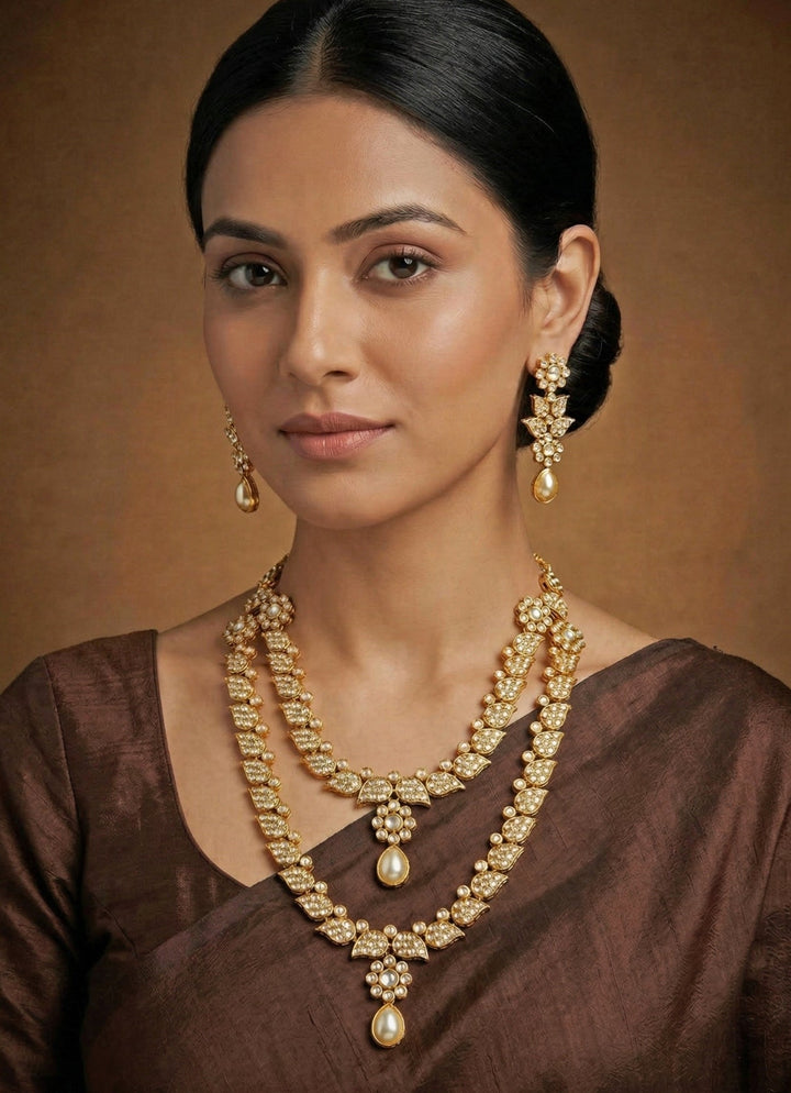 Two Layer Long Gold Finish Jadau Necklace Set Zevar by Geeta - Fabilicious Fashion