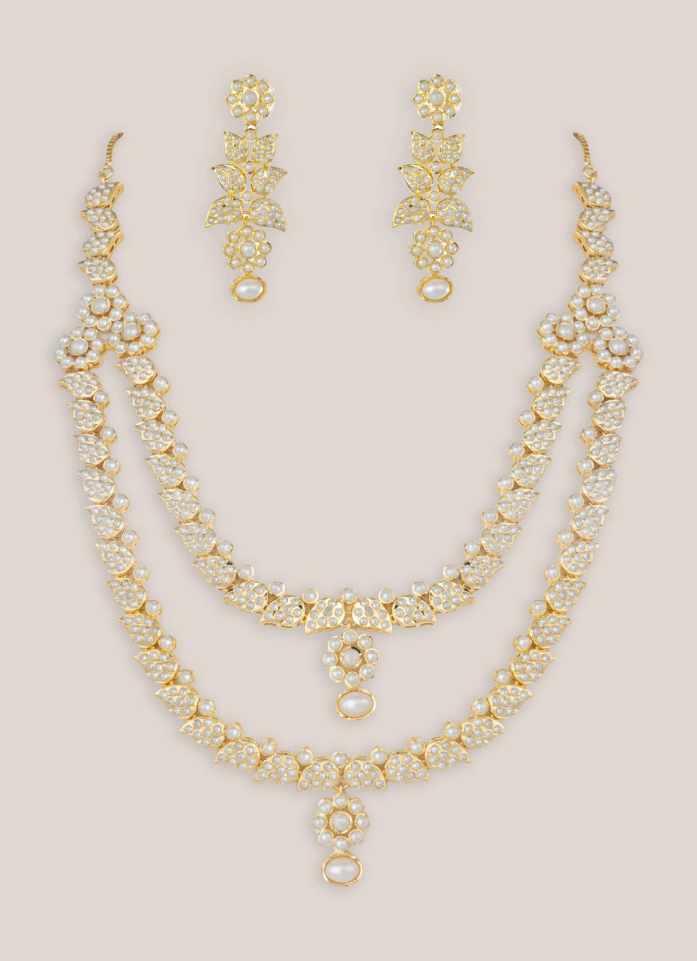 Two Layer Long Gold Finish Jadau Necklace Set Zevar by Geeta - Fabilicious Fashion