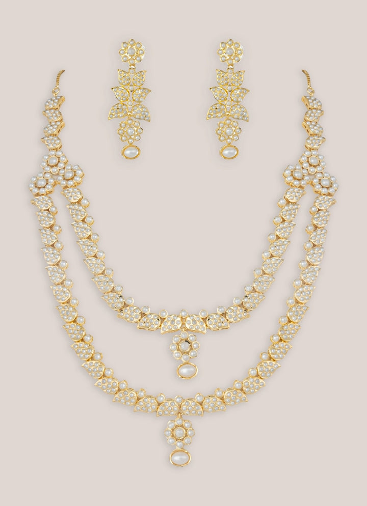 Two Layer Long Gold Finish Jadau Necklace Set Zevar by Geeta - Fabilicious Fashion