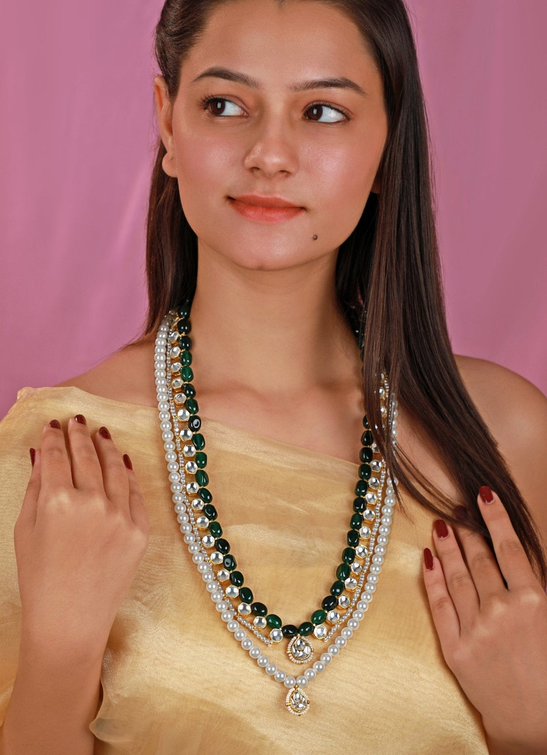 Two - Layered Emerald And Pearl Maala Kalyani Indian Jewelry - Fabilicious Fashion