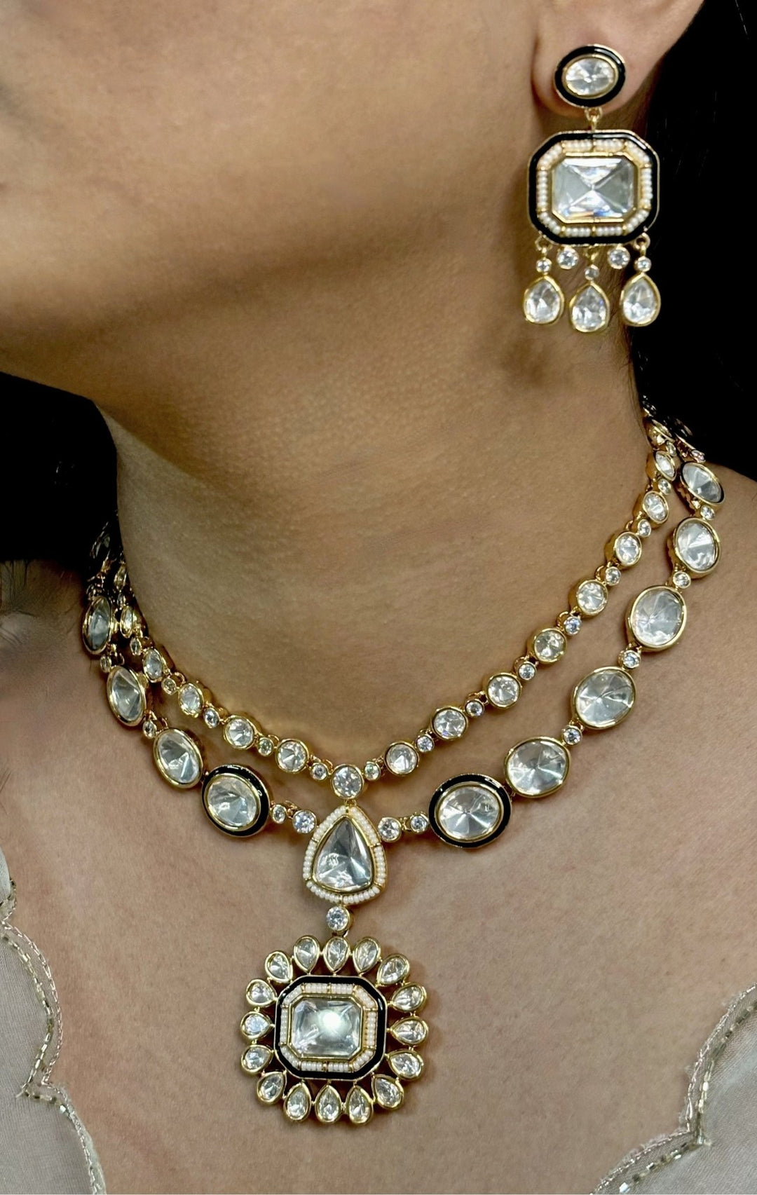 Naymee Two Line Polki Gold Necklace SetFabilicious Fashion