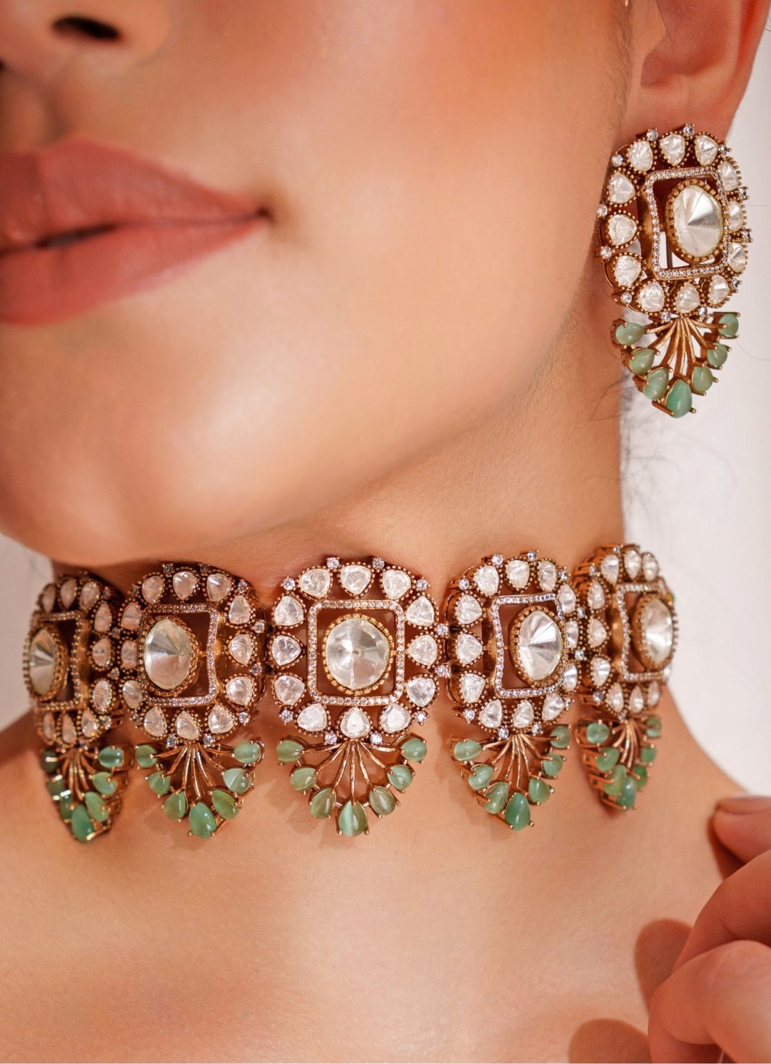 Two Tone Finish 5 Piece Green Pendant Polki Choker Set Zevar by Geeta - Fabilicious Fashion