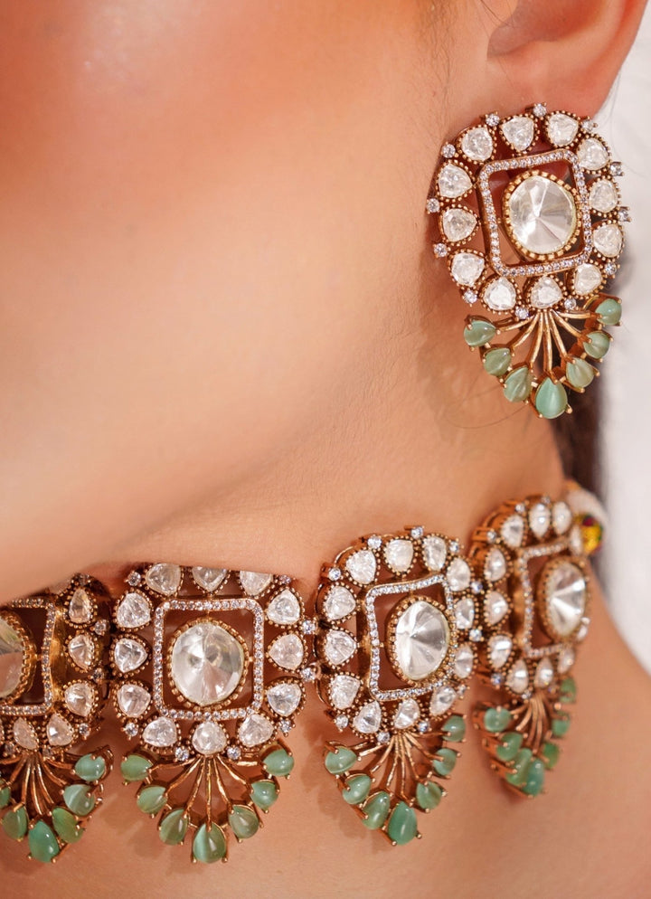 Two Tone Finish 5 Piece Green Pendant Polki Choker Set Zevar by Geeta - Fabilicious Fashion