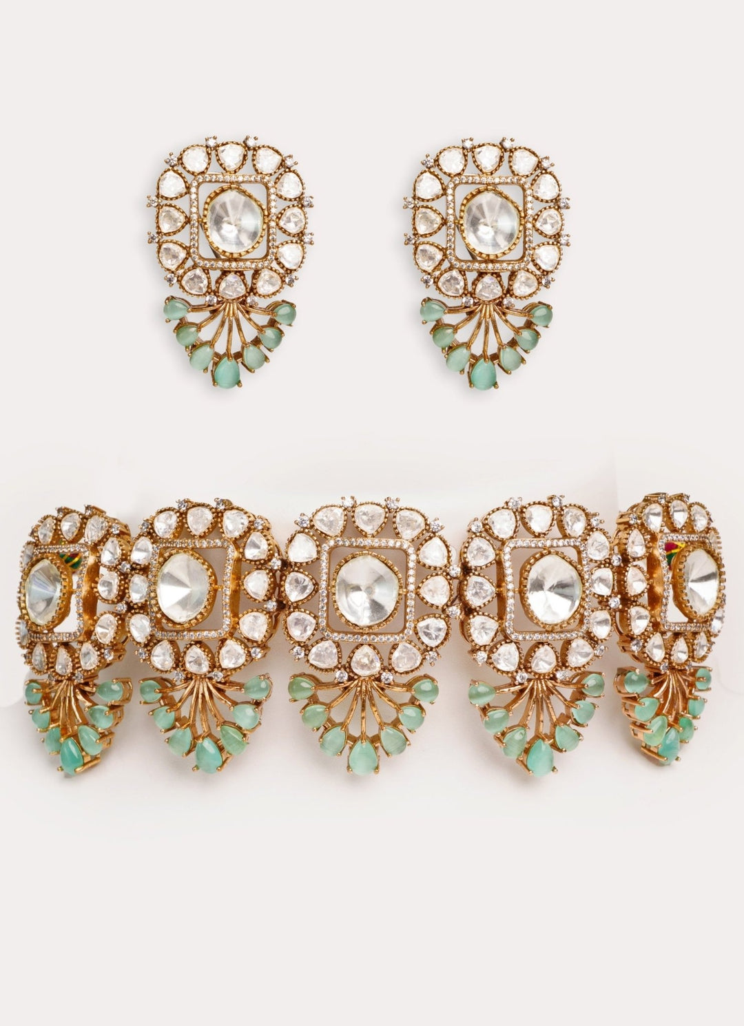 Two Tone Finish 5 Piece Green Pendant Polki Choker Set Zevar by Geeta - Fabilicious Fashion