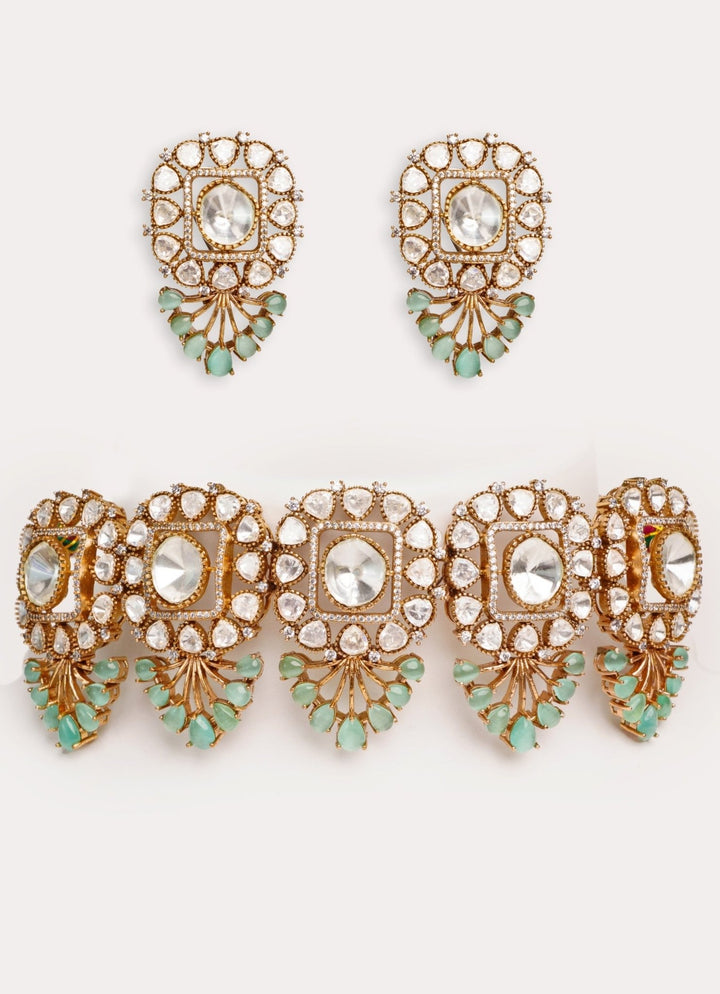 Two Tone Finish 5 Piece Green Pendant Polki Choker Set Zevar by Geeta - Fabilicious Fashion