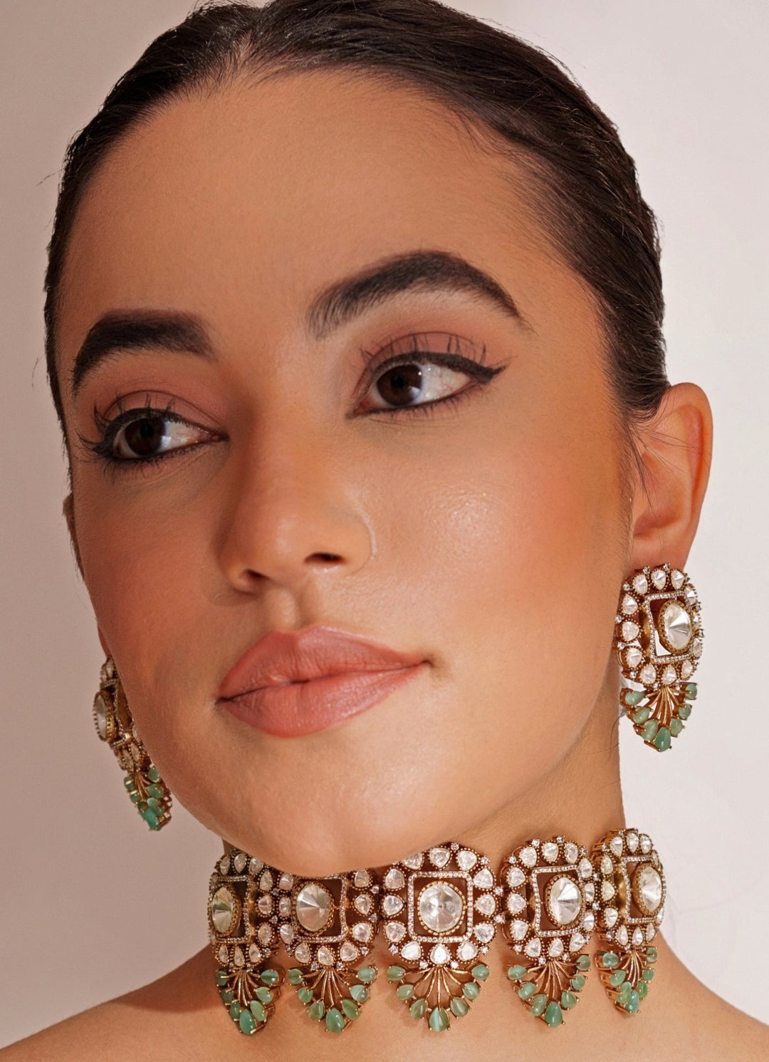 Two Tone Finish 5 Piece Green Pendant Polki Choker Set Zevar by Geeta - Fabilicious Fashion