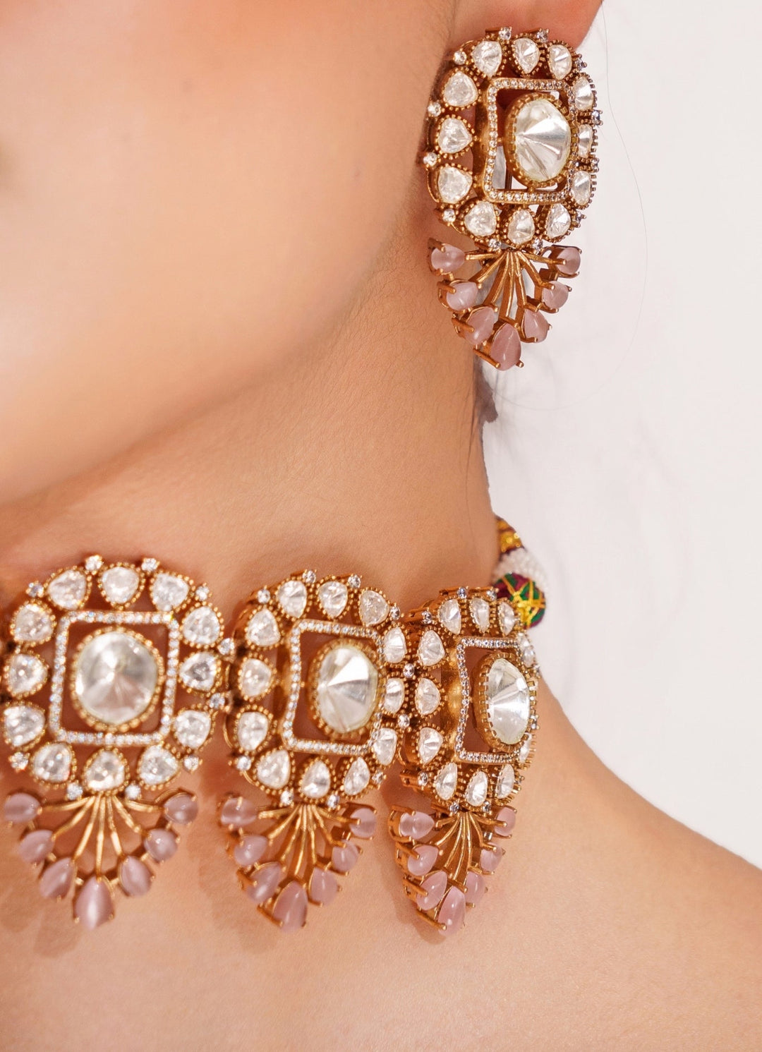 Two Tone Finish 5 Piece Pink Pendant Polki Choker Set Zevar by Geeta - Fabilicious Fashion