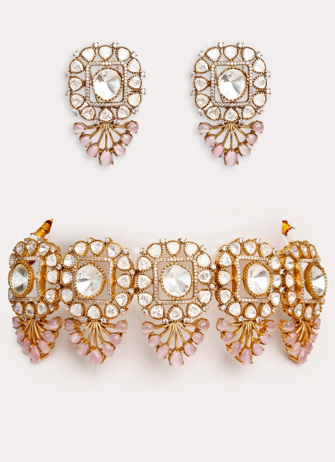 Two Tone Finish 5 Piece Pink Pendant Polki Choker Set Zevar by Geeta - Fabilicious Fashion