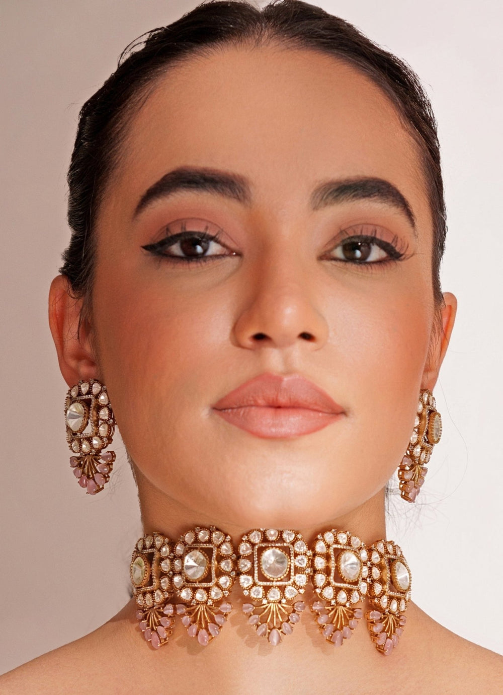 Two Tone Finish 5 Piece Pink Pendant Polki Choker Set Zevar by Geeta - Fabilicious Fashion