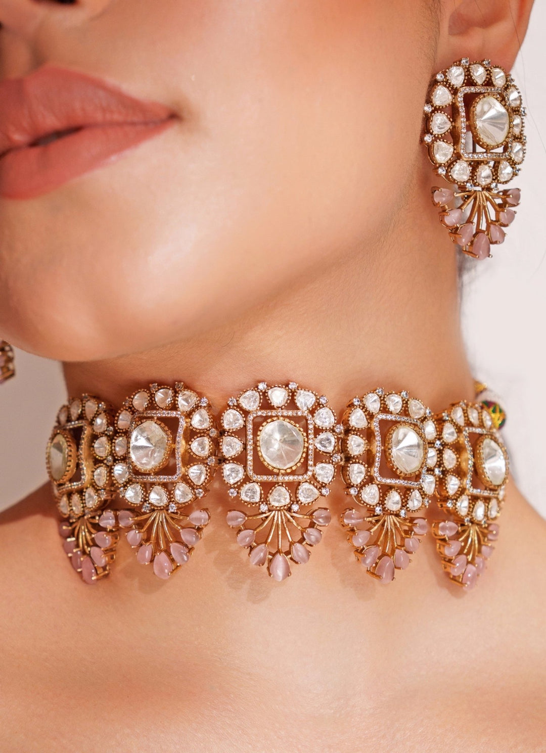 Two Tone Finish 5 Piece Pink Pendant Polki Choker Set Zevar by Geeta - Fabilicious Fashion