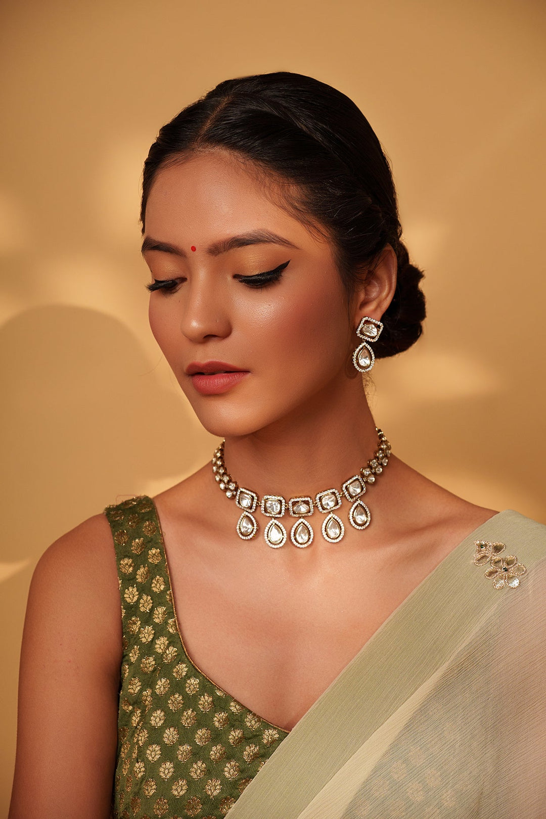 Two Tone Finish Asymmetric And Kundan Drop Necklace Set Zevar by Geeta - Fabilicious Fashion