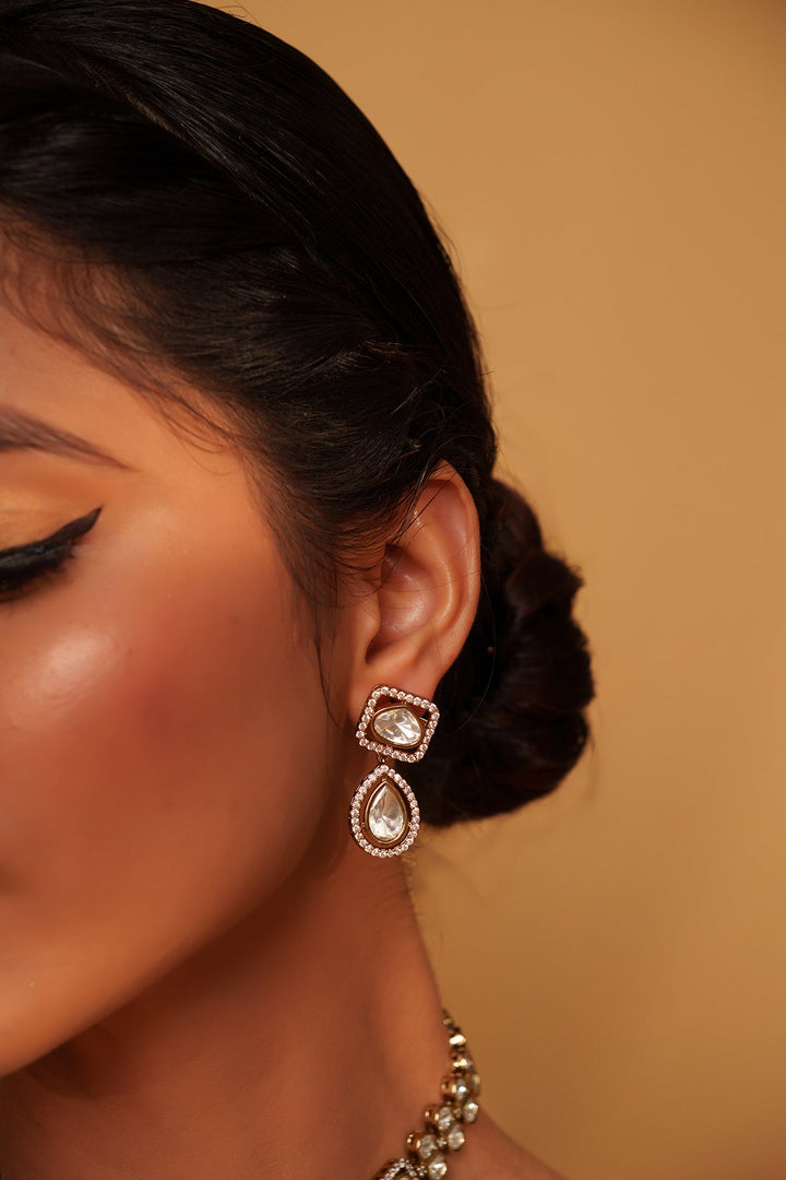 Two Tone Finish Asymmetric And Kundan Drop Necklace Set Zevar by Geeta - Fabilicious Fashion