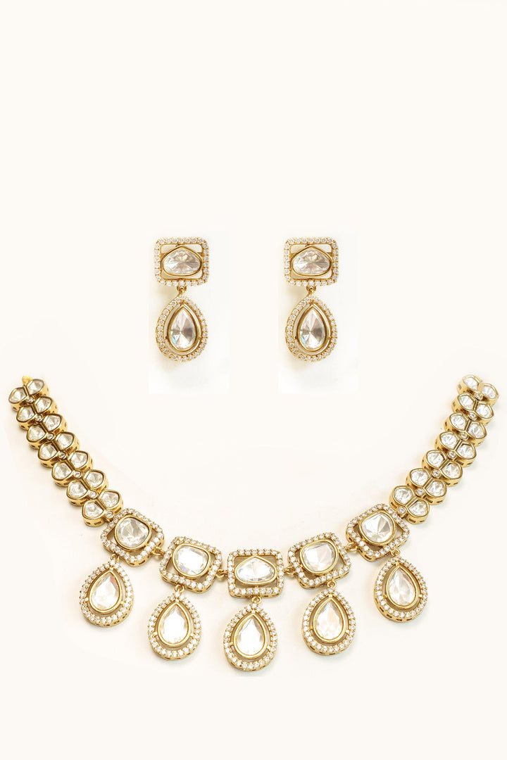 Two Tone Finish Asymmetric And Kundan Drop Necklace Set Zevar by Geeta - Fabilicious Fashion