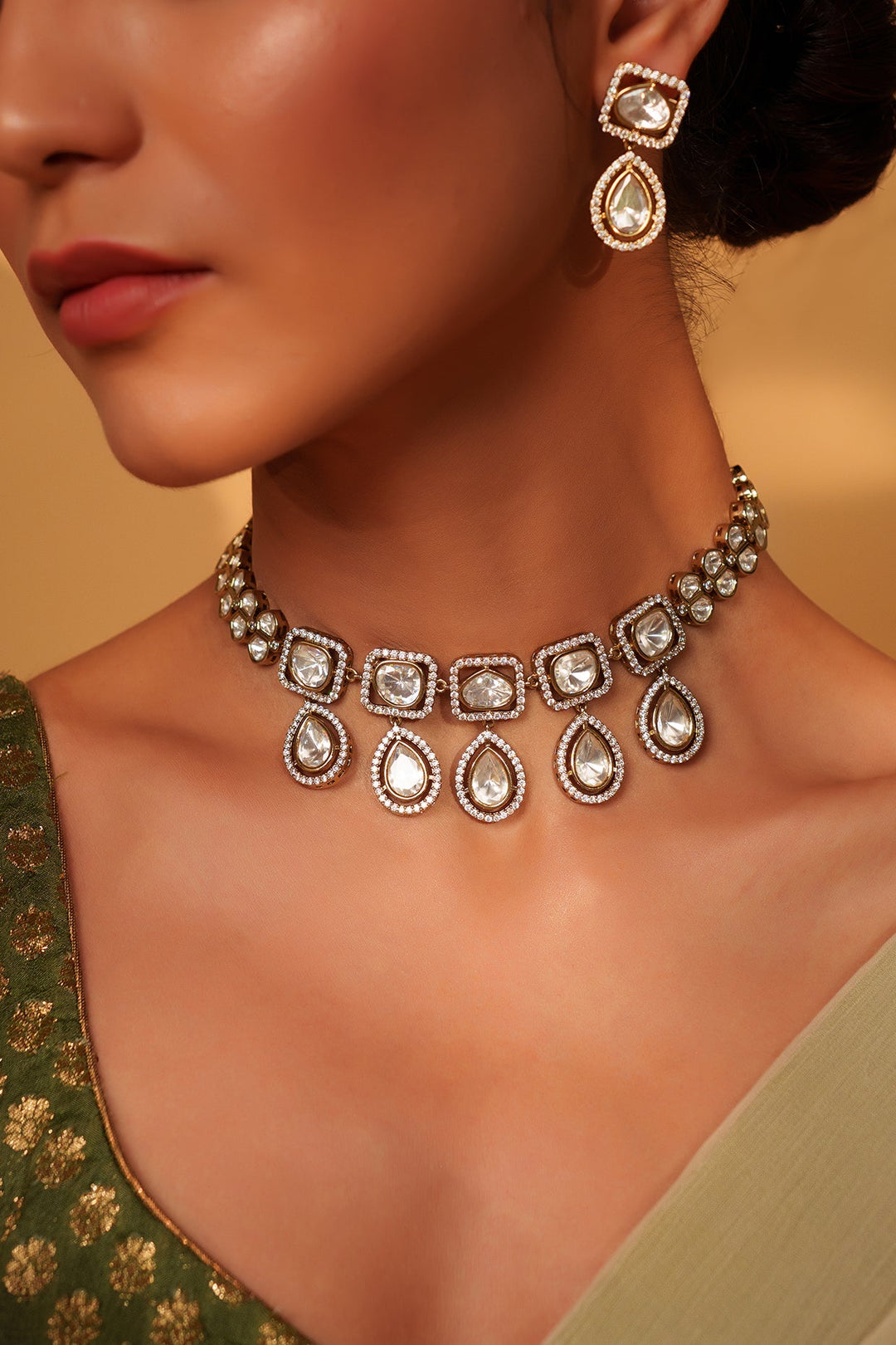 Two Tone Finish Asymmetric And Kundan Drop Necklace Set Zevar by Geeta - Fabilicious Fashion