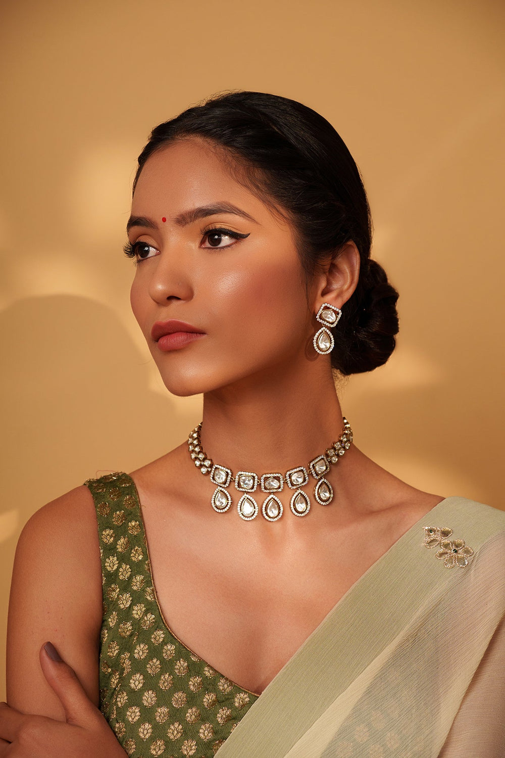 Two Tone Finish Asymmetric And Kundan Drop Necklace Set Zevar by Geeta - Fabilicious Fashion