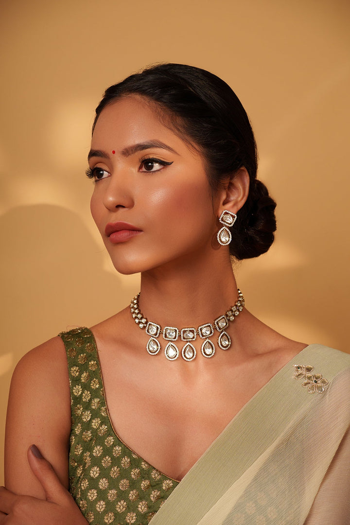 Two Tone Finish Asymmetric And Kundan Drop Necklace Set Zevar by Geeta - Fabilicious Fashion